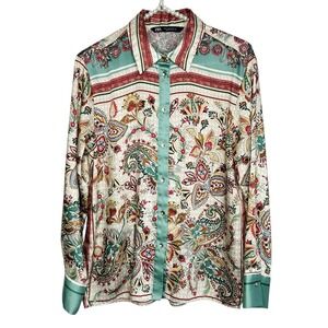 Zara Paisley Blouse Top Medium Boho Heritage Silky Scarf Print Retro Work 70s